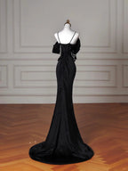 Vestido de noite elegante preto em cetim com alças finas, decote ombro a ombro, corte sereia, vestido de cerimónia Y8641