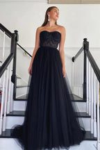 Schulterfreies langes Ballkleid aus schwarzer Spitzen-Tüll, schwarzes Spitzen-Abendkleid, schwarzes Festkleid Y205