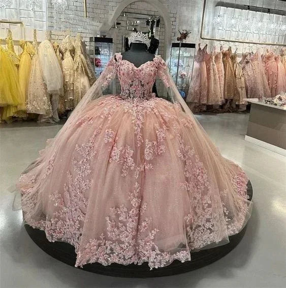 Vestido Sexy de Quinceanera Rosa Pálido com Aplicações de Renda, Contas de Cristal, Decote Coração com Flores, Vestido de Baile Rosa Pálido Y5886