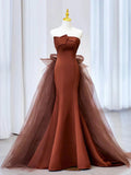 Vestido longo de cetim com tule em cauda de sereia para baile de finalistas Vestido de noite em cauda de sereia Y4348