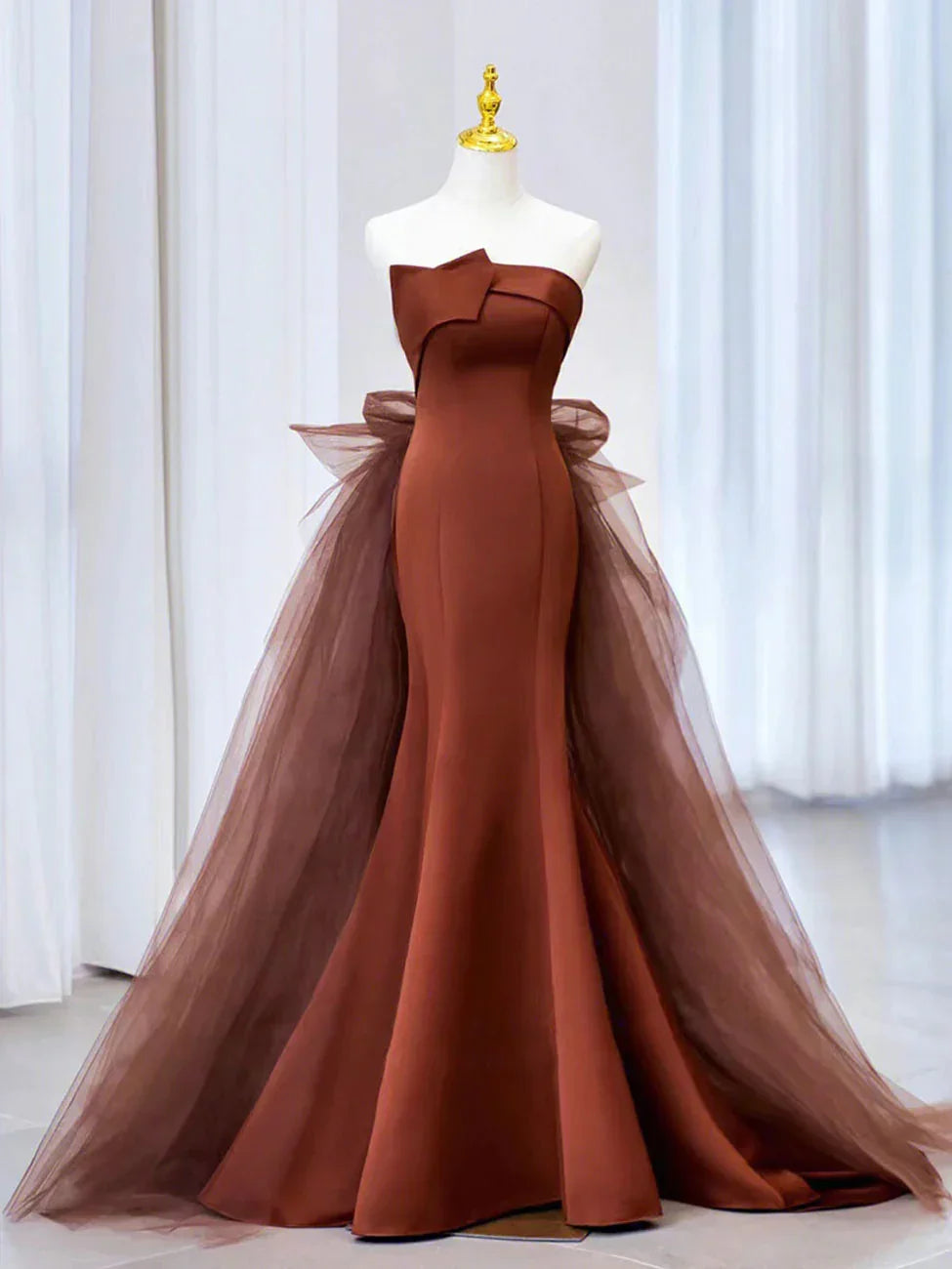 Vestido longo de cetim com tule em cauda de sereia para baile de finalistas Vestido de noite em cauda de sereia Y4348