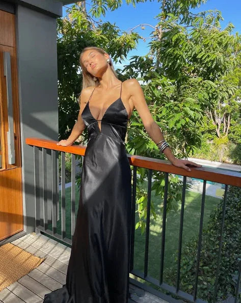 Vestido longo de baile estilo sereia preto simples com alças finas tipo esparguete Y8294