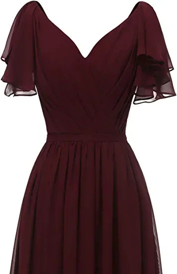 Blätterärmel Brautjungfernkleid V-Ausschnitt Chiffon Lang Festliches Hochzeitsabendkleid Y1206