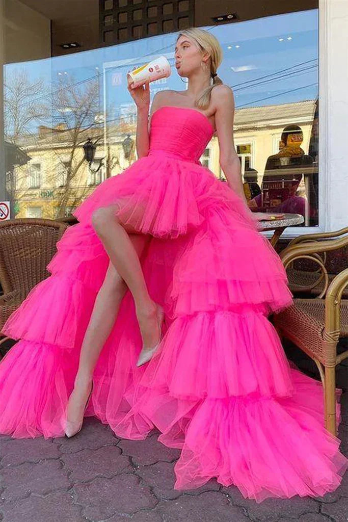 Vestido largo de fiesta sin tirantes, con capas y dobladillo alto-bajo, de tul rosa fuerte, Vestido formal rosa fuerte con dobladillo alto-bajo, Vestido de noche rosa fuerte Y214