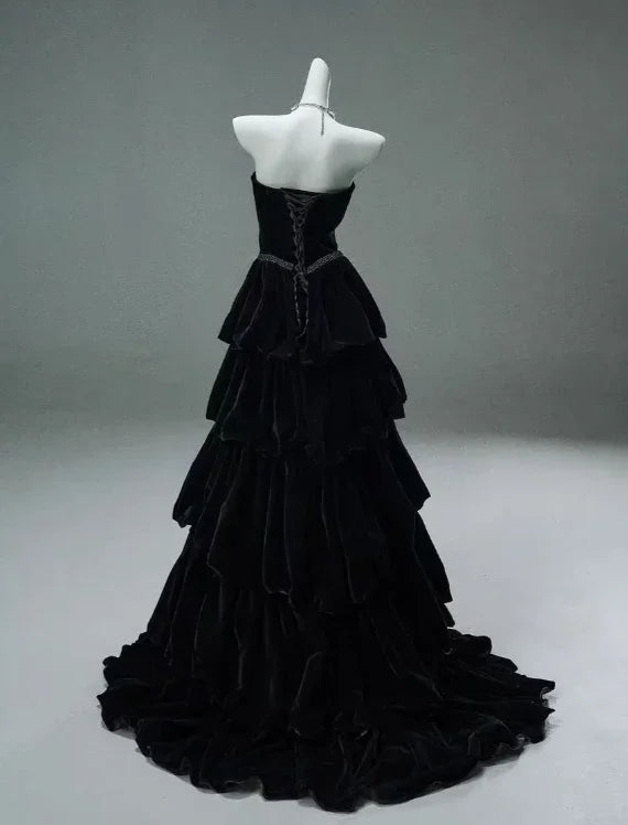 Chic Black A-line Layered Evening Dress Black Strapless Evening Gown Y4378