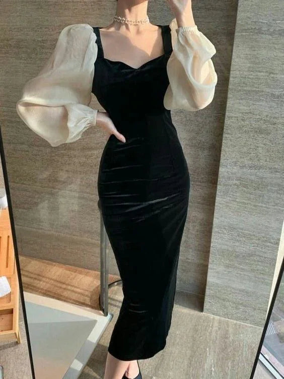 Winterliches Samtkleid mit V-Ausschnitt, elegant, schwarz abgesteppt, Damen, Retro, hohe Taille, Puffärmel, Abendkleid Y5673