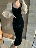 Winterliches Samtkleid mit V-Ausschnitt, elegant, schwarz abgesteppt, Damen, Retro, hohe Taille, Puffärmel, Abendkleid Y5673