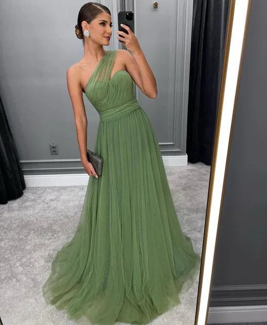 Vestido Verde Longo de Baile em Linha A, Tendência, Tule, Vestidos Formais de Noite Y5602