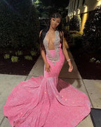 Hermoso vestido de noche rosa con lentejuelas y cuentas estilo sirena para baile de graduación Y8016