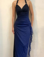Robe longue de bal en mousseline bleu marine dégradé à col en V et dos nu, robe de soirée pour fête Y7486