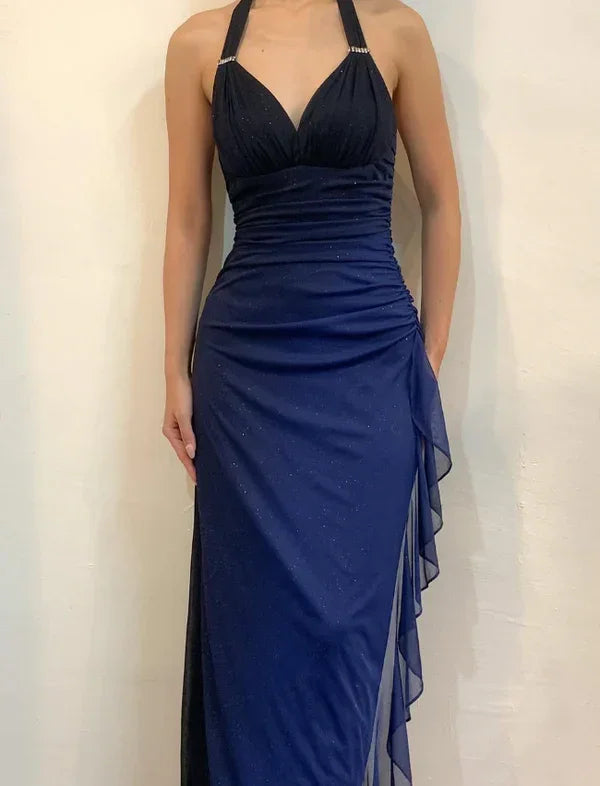 Sexy Halter Ombre Navy Blue V Neck Chiffon Long Prom Dress Party Evening Gown Y7486