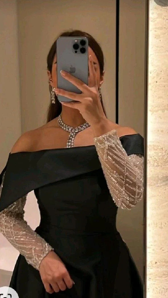 Black A Line Boat Neck Evening Dresses Beads Long Sleeve Floor Length Satin Saudi Arabia Formal Wedding Party Gowns Y463