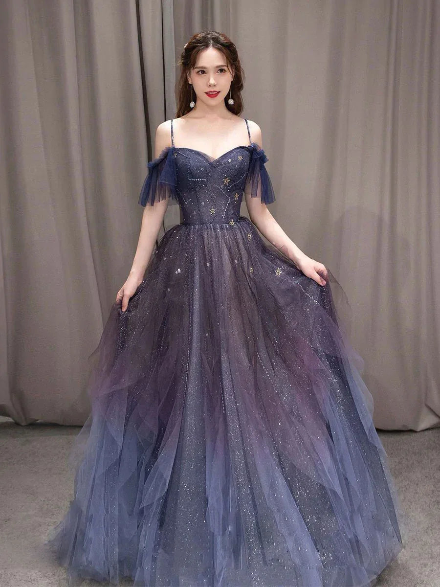 Dunkler sternklarer Himmel lila Tüll langes Abschlussballkleid A-Linien Abendkleid Y924