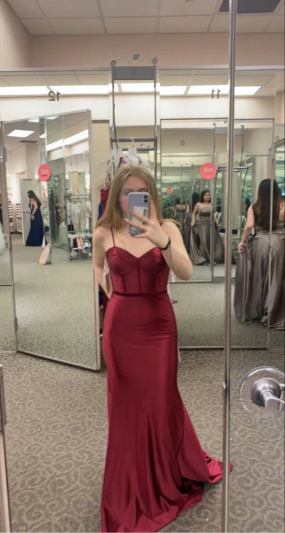 Vestido de noite sereia borgonha com alças finas estilo esparguete Vestido de baile borgonha Y6430