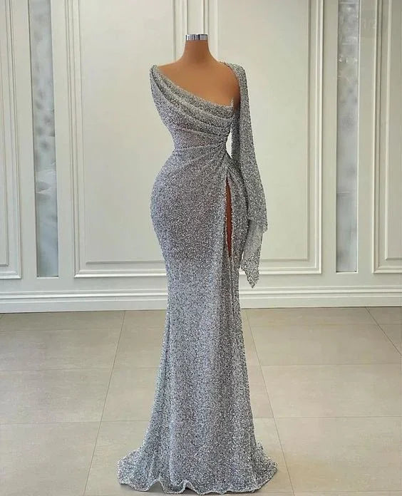 Meerjungfrau Pailletten Langes Ballkleid Unregelmäßiger Ausschnitt Reizvolles Abendkleid Y269