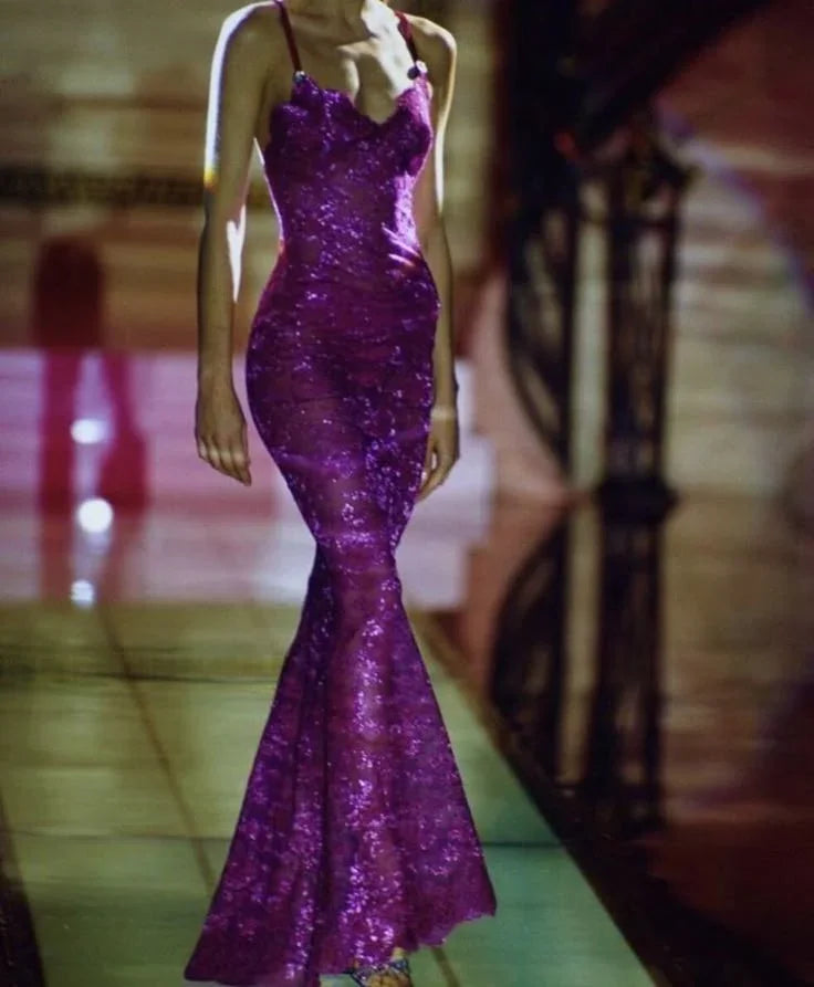 Vestido de Baile Sereia Sexy em Renda com Alças Finas Roxo Vestido de Noite Y8204