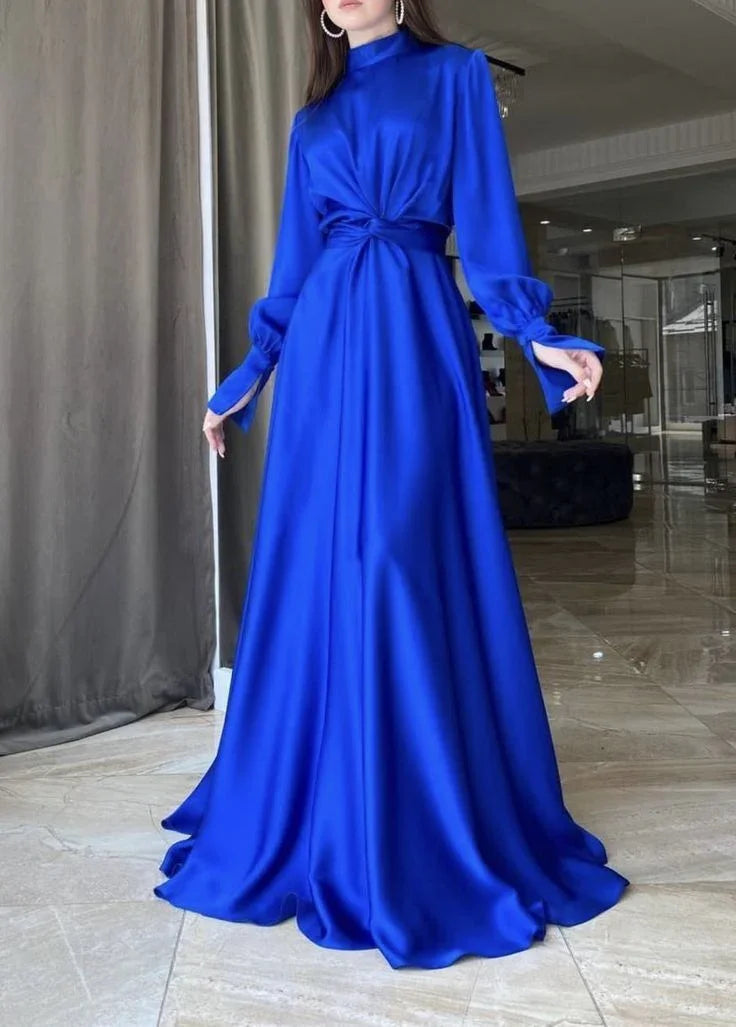 Vestido de Festa Azul Real com Corte em A e Mangas Compridas Vestido de Noite Azul Real Y5857