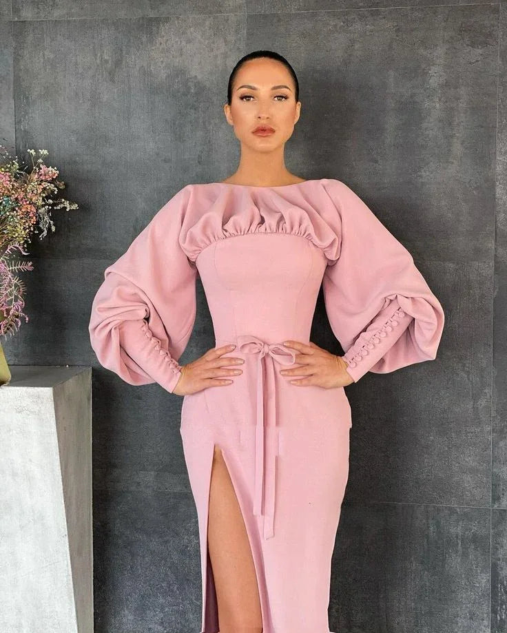 Vestido de fiesta largo de satén rosa con escote barco, mangas largas, abertura alta, puños con botones, corte recto, vestido formal para eventos Y4875