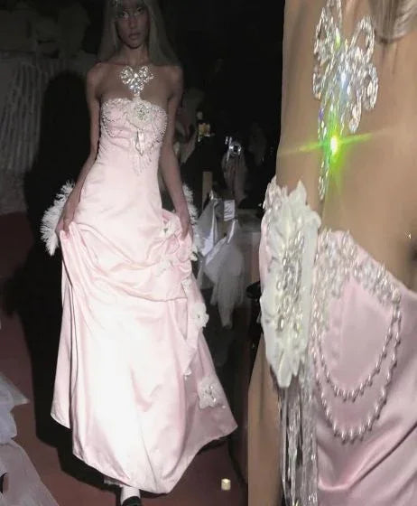 Charming Pink Strapless Long Satin Prom Dresss Formal Evening Dress Ball Gown Y8192