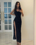 Vestido de Festa Justo Preto Sedutor com Fenda Alta Y4358