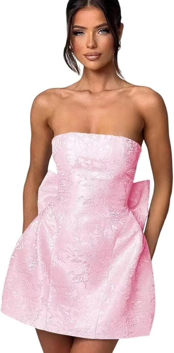 Robe courte de bal bustier pour retour à la maison, robe de fête sans manches à laçage en satin jacquard avec nœud