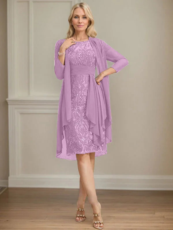 Etui/Säulenförmiges Kleid mit Illusion, knielang, aus Spitze und Chiffon, Brautmutterkleid mit herabfließenden Rüschen und Pailletten