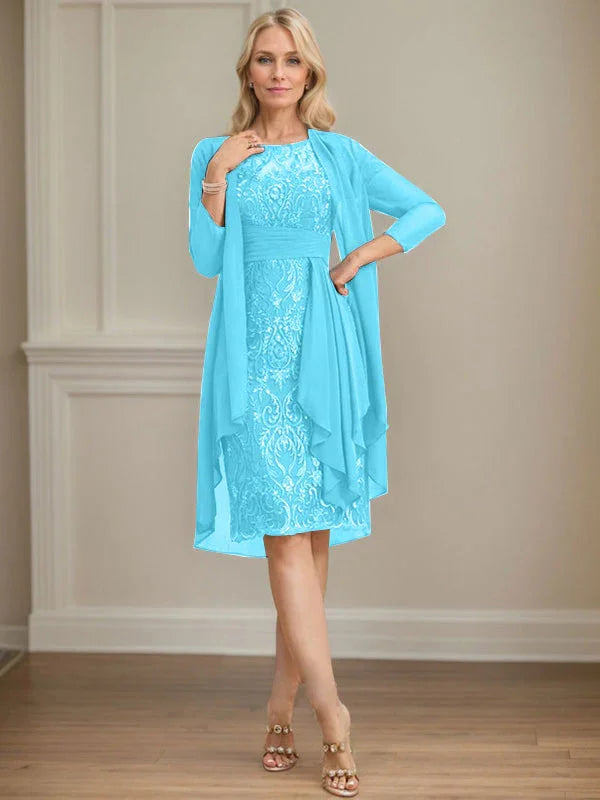 Etui/Säulenförmiges Kleid mit Illusion, knielang, aus Spitze und Chiffon, Brautmutterkleid mit herabfließenden Rüschen und Pailletten