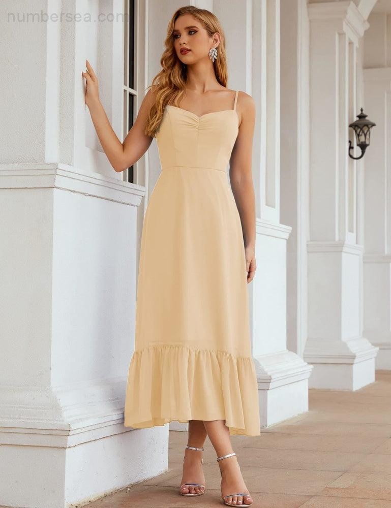 Numbersea Vestido de Dama de Honra em Chiffon com Alças Finas, Comprimento ao Tornozelo, Formal, Corte em A, para Cocktail e Festa de Regresso a Casa para Jovens SEA28028