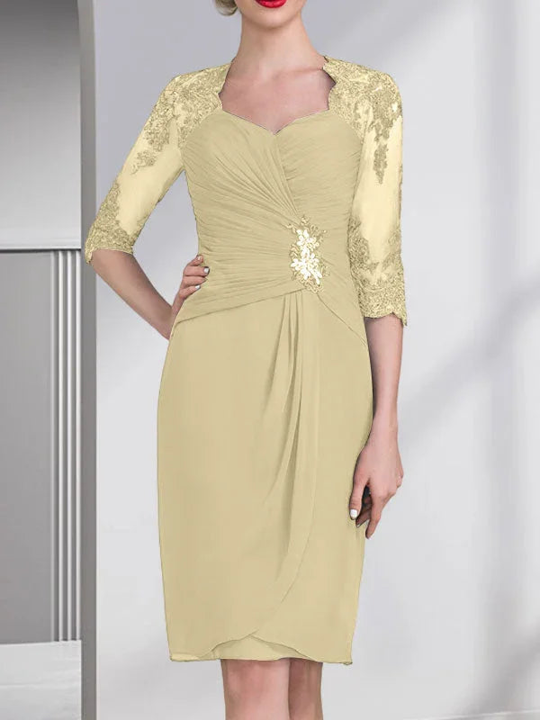 Vestido de madrina de novia de gasa con apliques de cuentas, encaje, lentejuelas y pliegues, largo hasta la rodilla, corte tubo y columna, con escote corazón