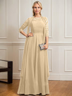 A-line Scoop Illusion Floor-Length Lace Chiffon Mother of the Bride Dress With Pleated