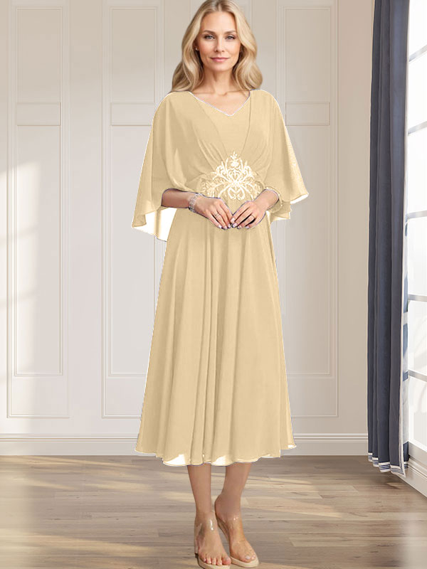 A-line V-Neck Tea-Length Chiffon Mother of the Bride Dress With Pleated Sequins Appliques Lace Beadind
