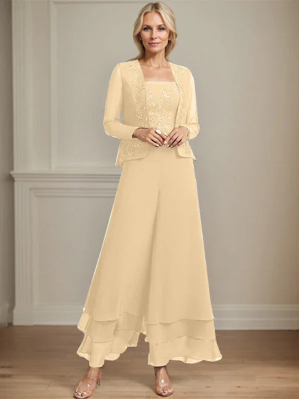 Getrennter Overall/Hosenanzug mit quadratischem Ausschnitt, knöchellang, aus Spitzenchiffon, Brautmutterkleid mit Pailletten