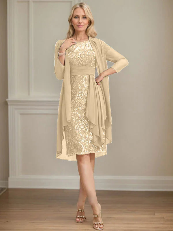 Etui/Säulenförmiges Kleid mit Illusion, knielang, aus Spitze und Chiffon, Brautmutterkleid mit herabfließenden Rüschen und Pailletten