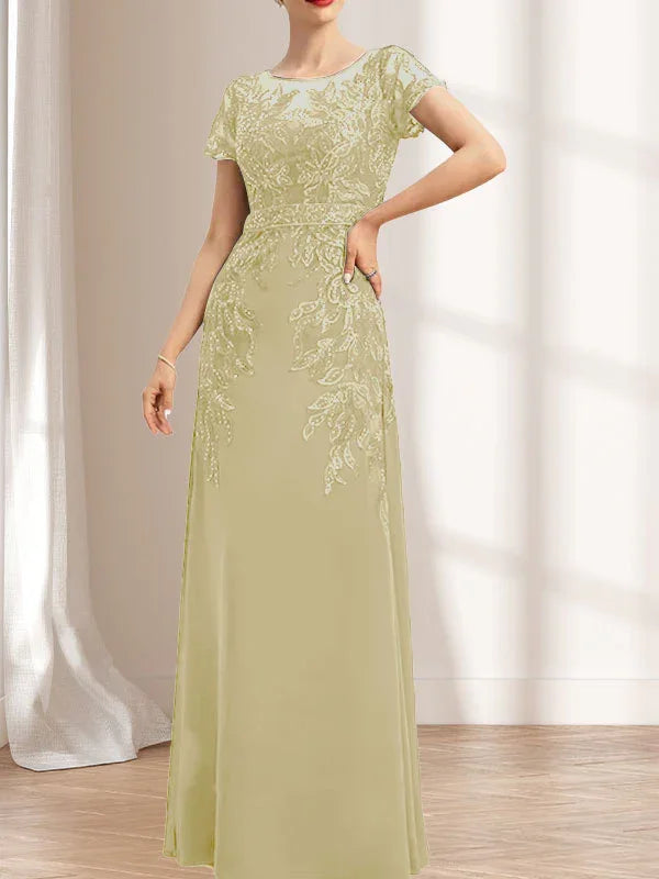 Vestido de madrina de novia con ilusión, corte columna y fajín, largo hasta el suelo, de encaje y gasa con lentejuelas