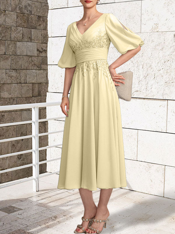 A-line V-Neck Tea-Length Lace Chiffon Mother of the Bride Dress With Pleated