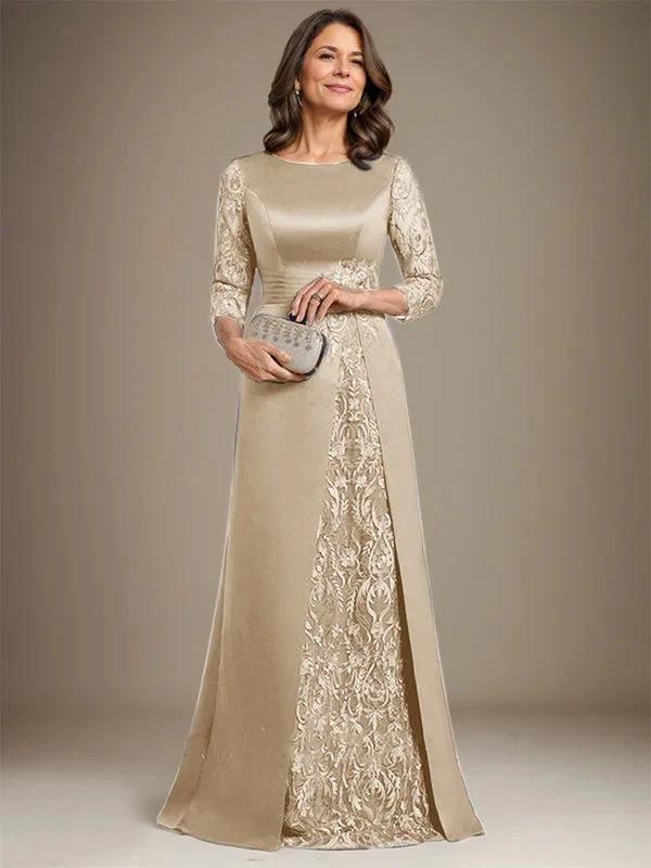 A-Line Scoop Floor-Length Lace Satin Mother Of the Bride Dress With Applique by Dreamylily