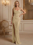 Silver Sequin Cowl Neck Ruched Long Prom Dress With High Slit