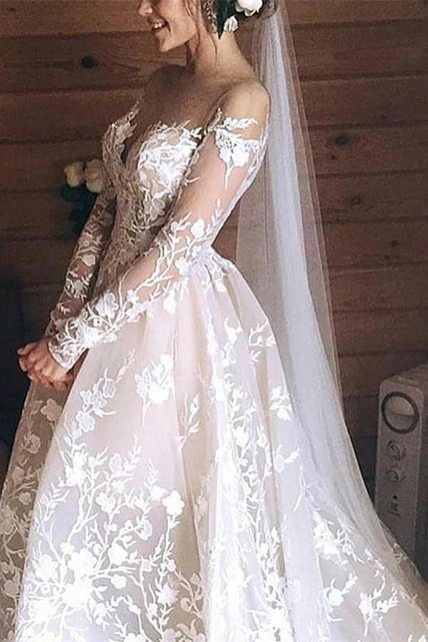 Champagne Off Shoulder Lace Wedding Dress With Floral Embroidery Chapel Train