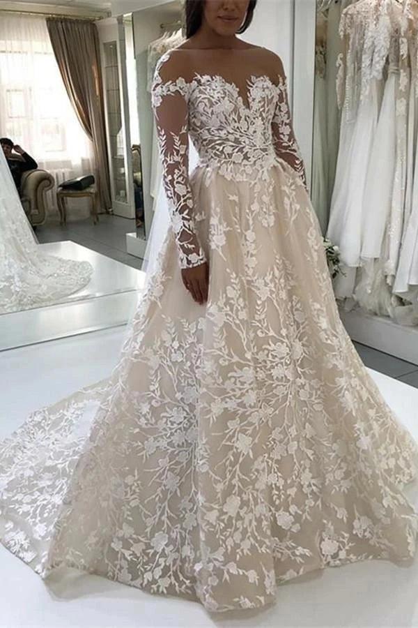 Champagne Off Shoulder Lace Wedding Dress With Floral Embroidery Chapel Train
