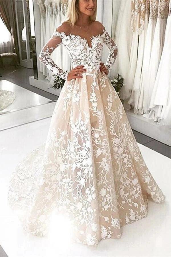 Champagne Off Shoulder Lace Wedding Dress With Floral Embroidery Chapel Train