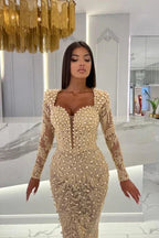 Champagne Mermaid Long Sleeves Sweetheart Prom Dress with Tulle Overskirt