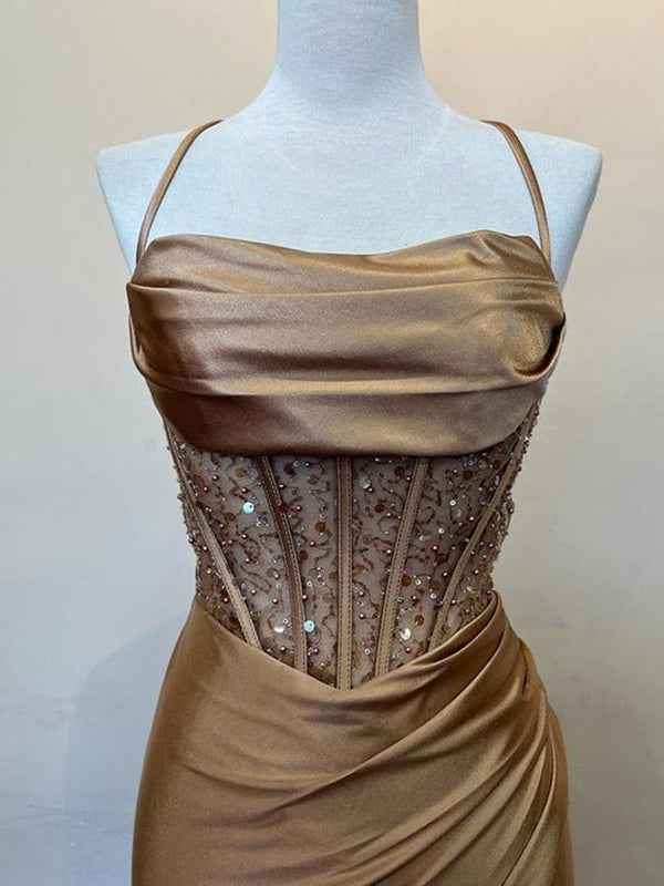 Yellow Satin Mermaid Prom Dress With Scoop Neck Beading Slit