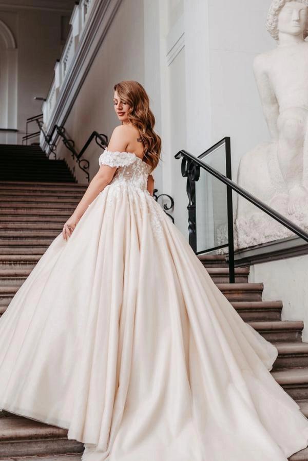 Champagne Satin Ball Gown Wedding Dress Off The Shoulder 3D Floral Lace