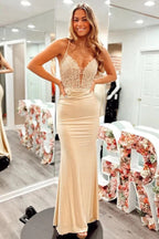 Champagne Spaghetti Straps Corset Back Long Prom Dress