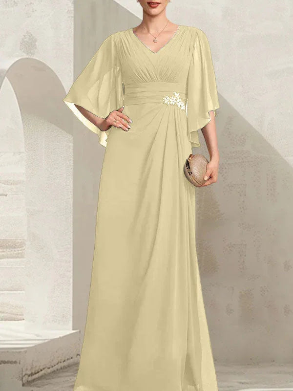 Vestido de madrina de novia de gasa largo hasta el suelo, corte columna y escote en V, con lentejuelas plisadas y abalorios