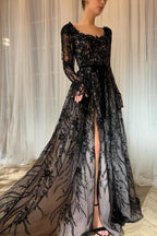 Charming Long Black A-line Lace Glitter Long Sleeves Wedding Dress with Slit