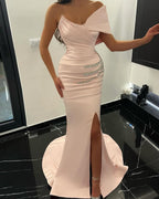Charming Long Mermaid One Shoulder Satin Rhinestones Prom Dress With Slit