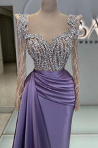 Charming Long Mermaid Sweetheart Satin Beads Formal Prom Dresses with Sleeves
