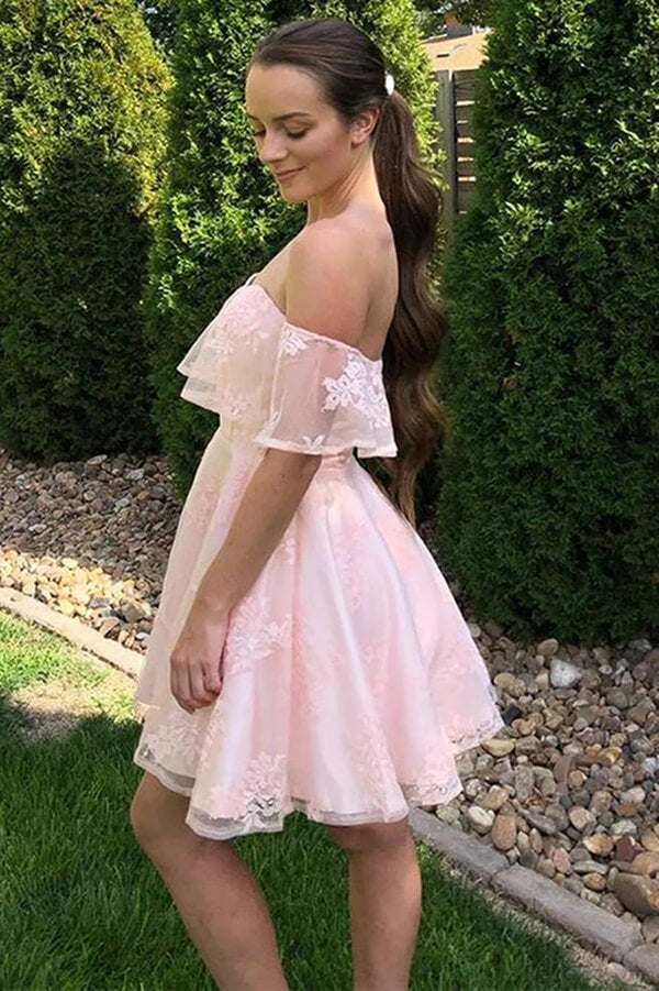 Charming A-line Off Shoulder Lace Homecoming Dress, Short Party Dresses