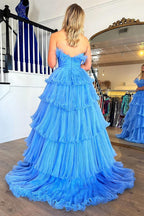 Charming A Line Strapless Blue Long Prom Dress with Ruffles